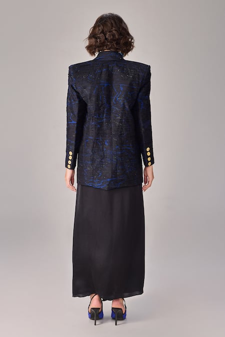 Shop_Saaksha & Kinni_Black Chiffon Abstract Floral Print Blazer _at_Aza_Fashions