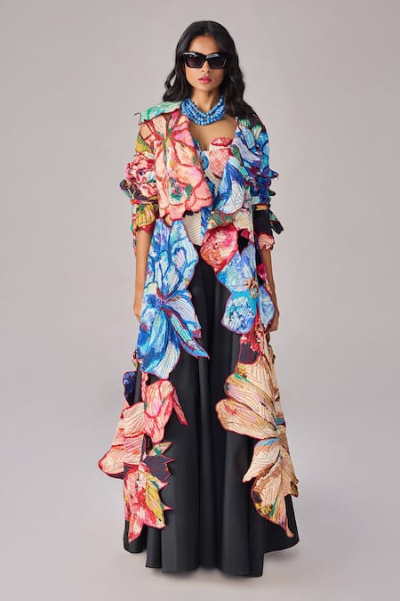 Saaksha & Kinni_Multi Color Cotton Embroidery Floral Print Asymmetric Coat_Online_at_Aza_Fashions