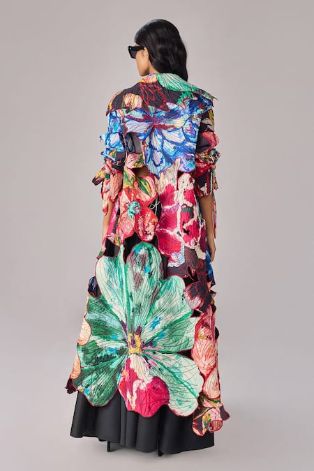 Shop_Saaksha & Kinni_Multi Color Cotton Embroidery Floral Print Asymmetric Coat_at_Aza_Fashions