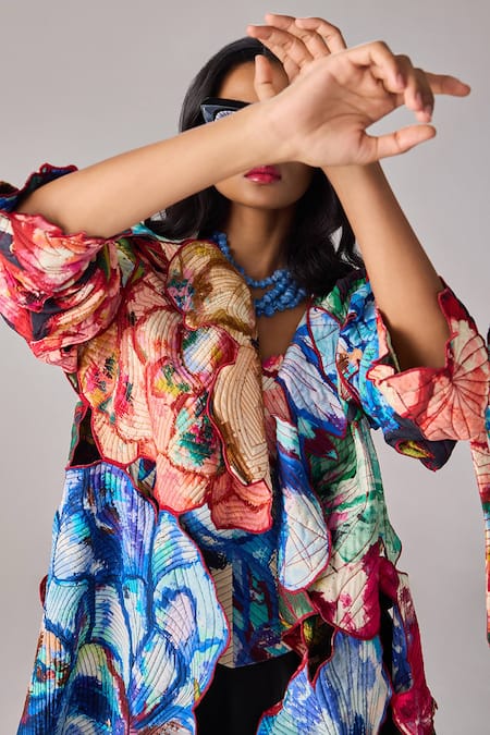 Shop_Saaksha & Kinni_Multi Color Cotton Embroidery Floral Print Asymmetric Coat_Online_at_Aza_Fashions