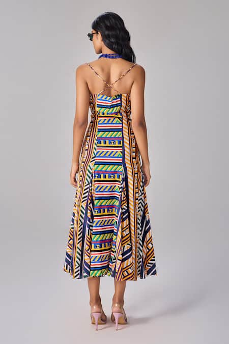 Shop_Saaksha & Kinni_Multi Color Cotton Open Neck Abstract Stripe Print Midi Dress _at_Aza_Fashions