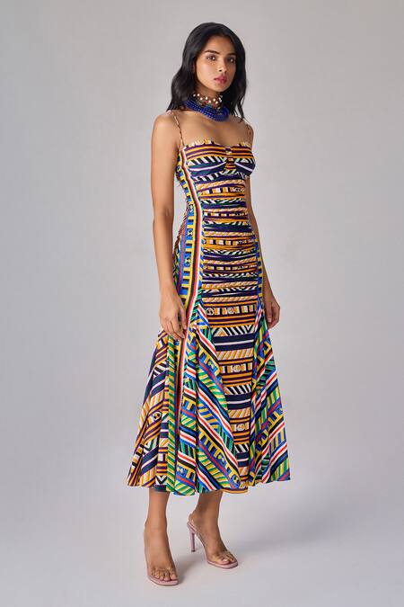 Buy_Saaksha & Kinni_Multi Color Cotton Open Neck Abstract Stripe Print Midi Dress _Online_at_Aza_Fashions