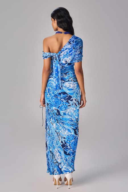 Shop_Saaksha & Kinni_Blue Chiffon Off-shoulder Abstract Floral Print Maxi Dress _at_Aza_Fashions
