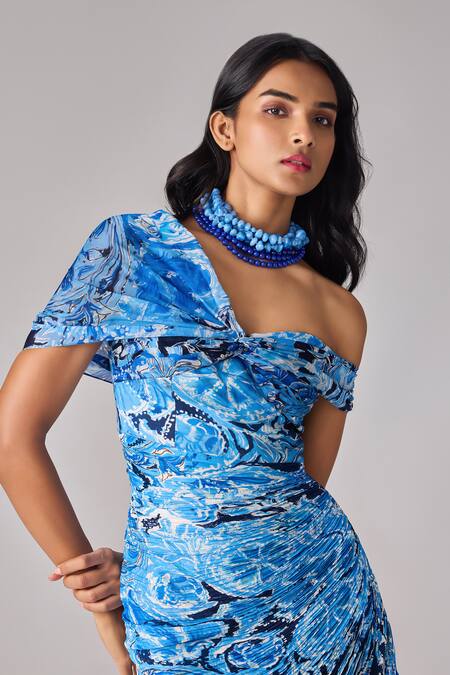 Buy_Saaksha & Kinni_Blue Chiffon Off-shoulder Abstract Floral Print Maxi Dress _Online_at_Aza_Fashions