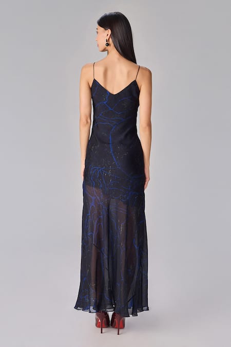 Shop Saaksha & Kinni Black Chiffon V-neck Abstract Floral Asymmetric Maxi Dress at Aza Fashions Shop_Saaksha & Kinni_Black Chiffon V-neck Abstract Floral Asymmetric Maxi Dress _at_Aza_Fashions