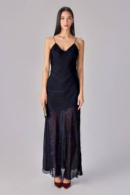 Saaksha & Kinni Black Chiffon V-neck Abstract Floral Asymmetric Maxi Dress Online at Aza Fashions Saaksha & Kinni_Black Chiffon V-neck Abstract Floral Asymmetric Maxi Dress _Online_at_Aza_Fashions