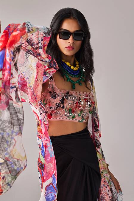 Saaksha & Kinni_Multi Color Abstract Floral Print Kaftan Cape _Online_at_Aza_Fashions