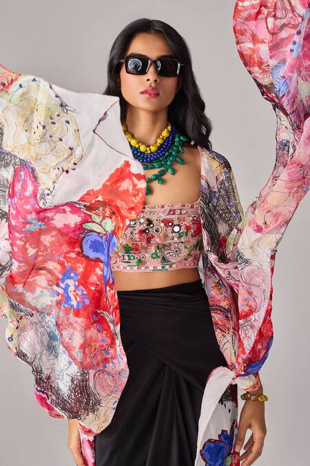 Shop_Saaksha & Kinni_Multi Color Abstract Floral Print Kaftan Cape _Online_at_Aza_Fashions