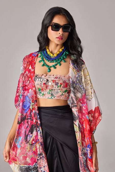 Saaksha & Kinni_Multi Color Abstract Floral Print Kaftan Cape _at_Aza_Fashions