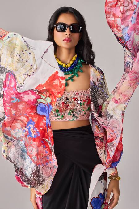 Saaksha & Kinni Multi Color Satin, Cotton Pearls, Tassels Intricate Mirror Embroidered Bustier at Aza Fashions Saaksha & Kinni_Multi Color Satin, Cotton Pearls, Tassels Intricate Mirror Embroidered Bustier_at_Aza_Fashions