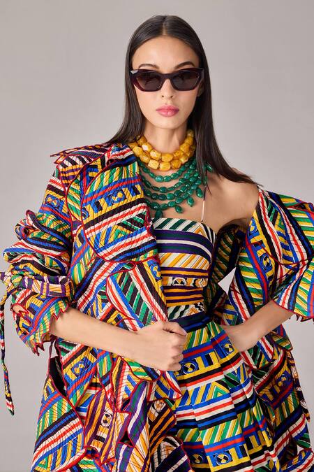 Saaksha & Kinni_Multi Color Cotton Embroidery Multicolor Asymmetric Stripe Print Coat_Online_at_Aza_Fashions