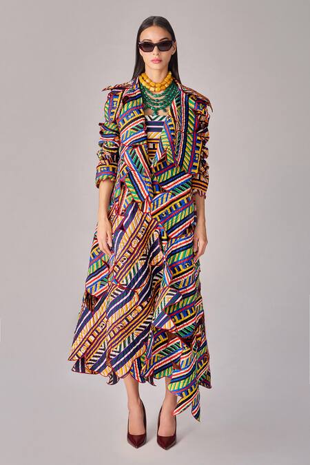 Buy_Saaksha & Kinni_Multi Color Cotton Embroidery Multicolor Asymmetric Stripe Print Coat_Online_at_Aza_Fashions