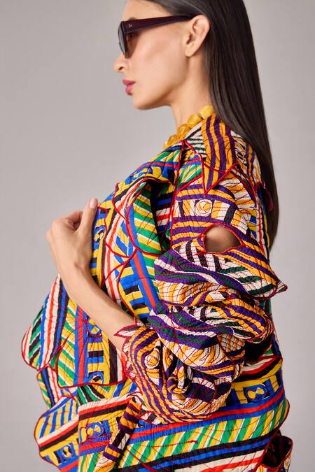 Shop_Saaksha & Kinni_Multi Color Cotton Embroidery Multicolor Asymmetric Stripe Print Coat_Online_at_Aza_Fashions