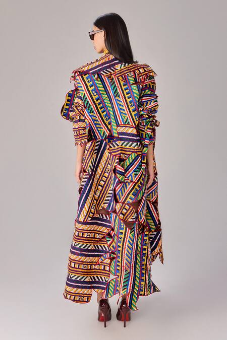 Shop_Saaksha & Kinni_Multi Color Cotton Embroidery Multicolor Asymmetric Stripe Print Coat_at_Aza_Fashions