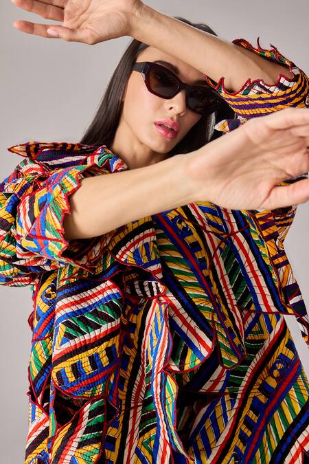 Saaksha & Kinni_Multi Color Cotton Embroidery Multicolor Asymmetric Stripe Print Coat_at_Aza_Fashions