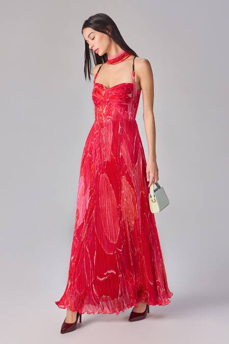 Saaksha & Kinni Red Chiffon Sweetheart Neck Abstract Floral Hand Pleat Maxi Dress Online at Aza Fashions Saaksha & Kinni_Red Chiffon Sweetheart Neck Abstract Floral Hand Pleat Maxi Dress _Online_at_Aza_Fashions