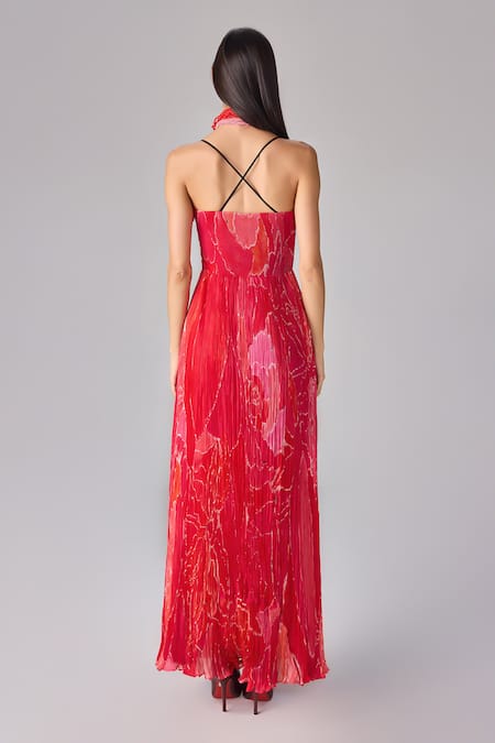 Shop Saaksha & Kinni Red Chiffon Sweetheart Neck Abstract Floral Hand Pleat Maxi Dress at Aza Fashions Shop_Saaksha & Kinni_Red Chiffon Sweetheart Neck Abstract Floral Hand Pleat Maxi Dress _at_Aza_Fashions