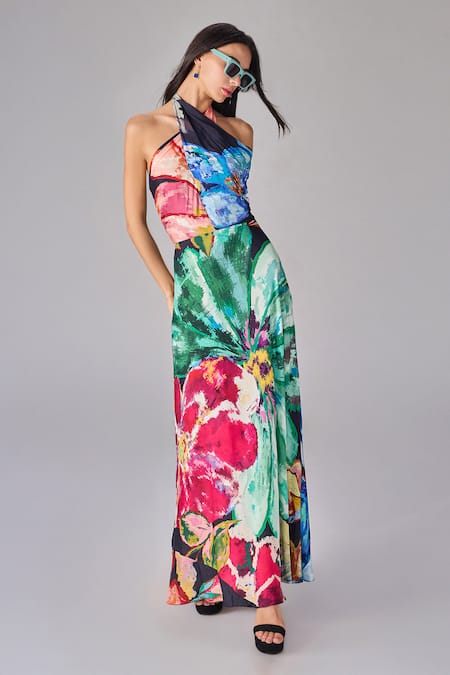Saaksha & Kinni Multi Color Crepe Halter Neck Floral Print Maxi Dress Online at Aza Fashions Saaksha & Kinni_Multi Color Crepe Halter Neck Floral Print Maxi Dress _Online_at_Aza_Fashions