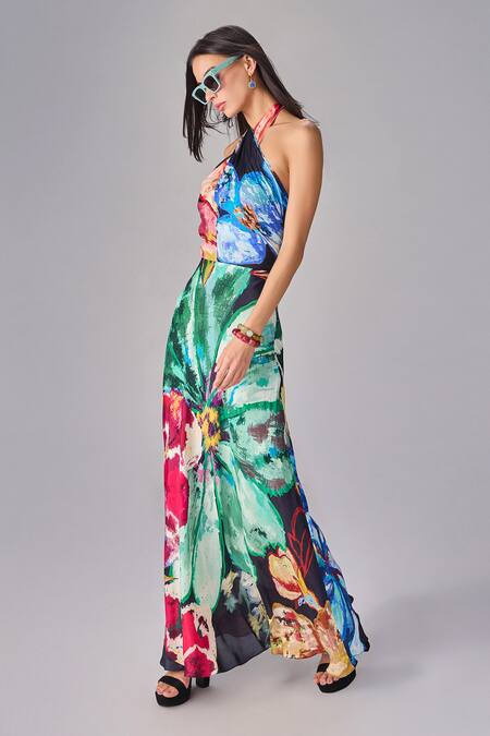 Buy Saaksha & Kinni Multi Color Crepe Halter Neck Floral Print Maxi Dress Online at Aza Fashions Buy_Saaksha & Kinni_Multi Color Crepe Halter Neck Floral Print Maxi Dress _Online_at_Aza_Fashions