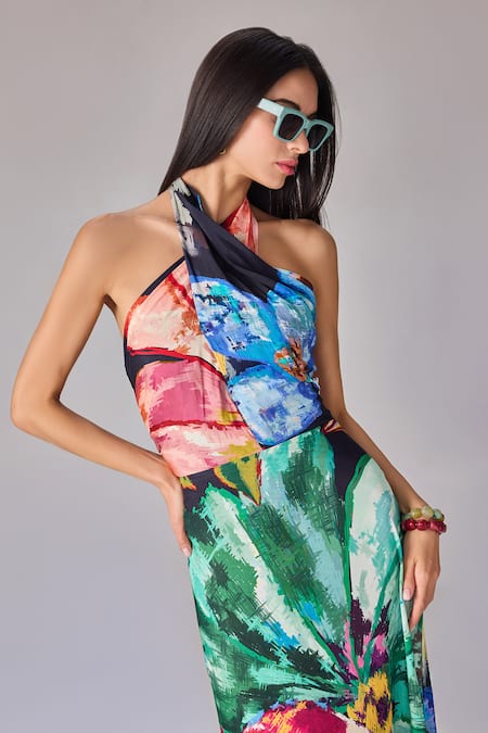 Shop Saaksha & Kinni Multi Color Crepe Halter Neck Floral Print Maxi Dress Online at Aza Fashions Shop_Saaksha & Kinni_Multi Color Crepe Halter Neck Floral Print Maxi Dress _Online_at_Aza_Fashions