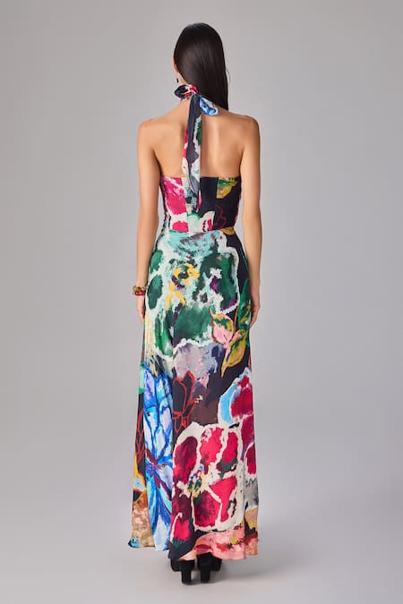 Shop Saaksha & Kinni Multi Color Crepe Halter Neck Floral Print Maxi Dress at Aza Fashions Shop_Saaksha & Kinni_Multi Color Crepe Halter Neck Floral Print Maxi Dress _at_Aza_Fashions