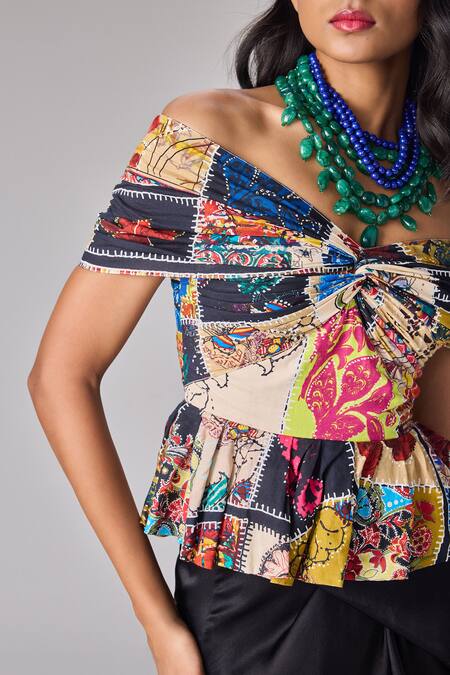 Buy_Saaksha & Kinni_Multi Color Cotton Off-shoulder Abstract Patchwork Bow Blouse _Online_at_Aza_Fashions