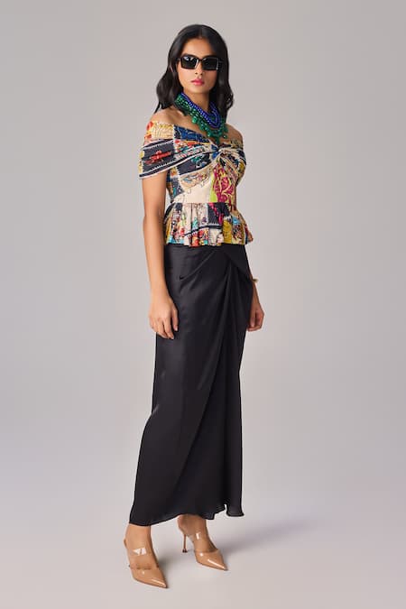 Saaksha & Kinni_Black Satin High Waist Asymmetric Maxi Wrap Skirt _Online_at_Aza_Fashions