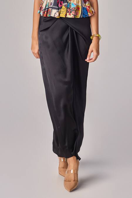 Buy_Saaksha & Kinni_Black Satin High Waist Asymmetric Maxi Wrap Skirt _Online_at_Aza_Fashions
