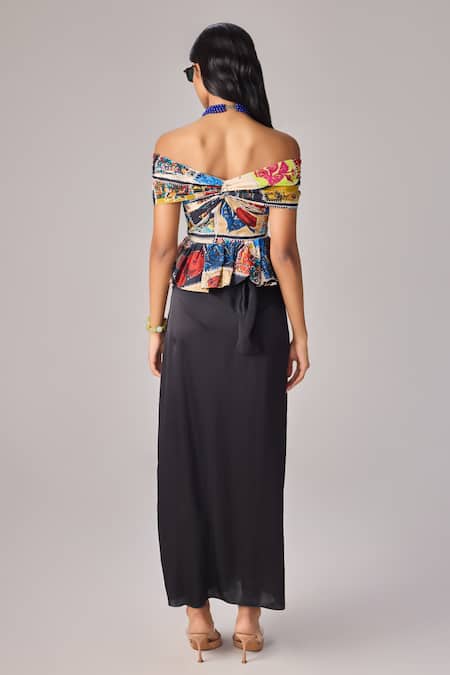 Shop_Saaksha & Kinni_Black Satin High Waist Asymmetric Maxi Wrap Skirt _at_Aza_Fashions