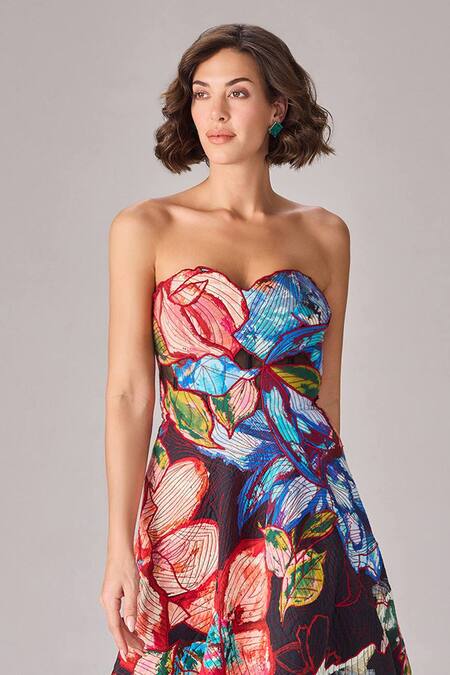 Saaksha & Kinni_Multi Color Cotton Cut Work, Embroidery Floral Print Asymmetric Maxi Dress_Online_at_Aza_Fashions