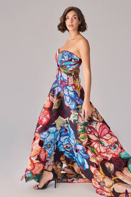 Buy_Saaksha & Kinni_Multi Color Cotton Cut Work, Embroidery Floral Print Asymmetric Maxi Dress_Online_at_Aza_Fashions