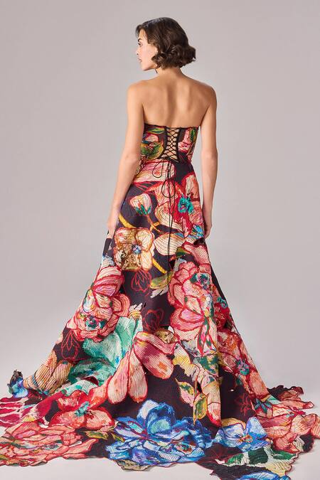 Shop_Saaksha & Kinni_Multi Color Cotton Cut Work, Embroidery Floral Print Asymmetric Maxi Dress_at_Aza_Fashions