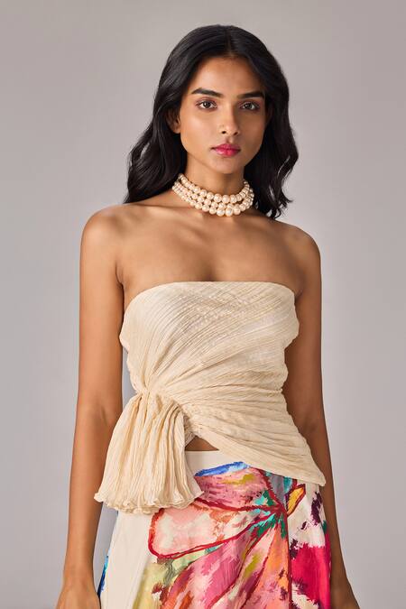 Saaksha & Kinni_Ivory Cotton Satin Open Neck Hand Pleated Strapless Blouse _Online_at_Aza_Fashions