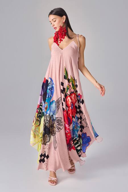 Saaksha & Kinni Multi Color Crepe V-neck Abstract Floral V Maxi Dress Online at Aza Fashions Saaksha & Kinni_Multi Color Crepe V-neck Abstract Floral V Maxi Dress _Online_at_Aza_Fashions
