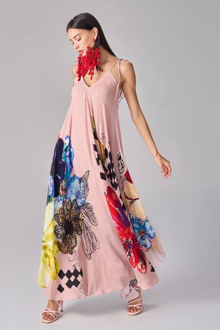 Buy Saaksha & Kinni Multi Color Crepe V-neck Abstract Floral V Maxi Dress Online at Aza Fashions Buy_Saaksha & Kinni_Multi Color Crepe V-neck Abstract Floral V Maxi Dress _Online_at_Aza_Fashions