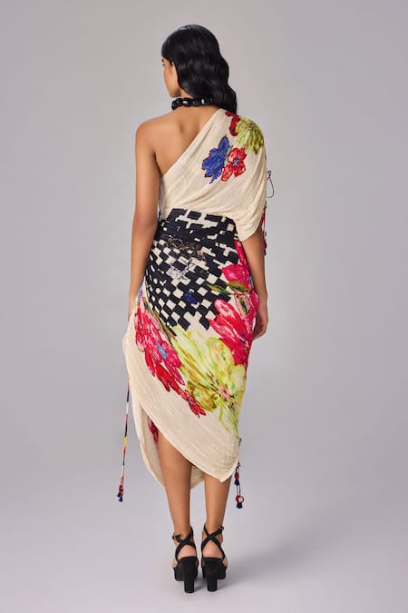 Shop Saaksha & Kinni Multi Color Cotton, Silk Tassels One Shoulder Abstract Floral Midi Dress at Aza Fashions Shop_Saaksha & Kinni_Multi Color Cotton, Silk Tassels One Shoulder Abstract Floral Midi Dress _at_Aza_Fashions