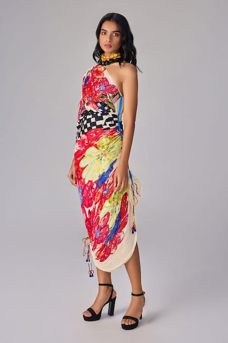 Saaksha & Kinni Multi Color Cotton, Silk Tassels One Shoulder Abstract Floral Midi Dress Online at Aza Fashions Saaksha & Kinni_Multi Color Cotton, Silk Tassels One Shoulder Abstract Floral Midi Dress _Online_at_Aza_Fashions