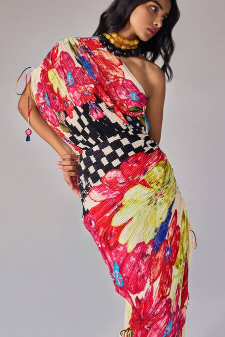 Buy Saaksha & Kinni Multi Color Cotton, Silk Tassels One Shoulder Abstract Floral Midi Dress Online at Aza Fashions Buy_Saaksha & Kinni_Multi Color Cotton, Silk Tassels One Shoulder Abstract Floral Midi Dress _Online_at_Aza_Fashions