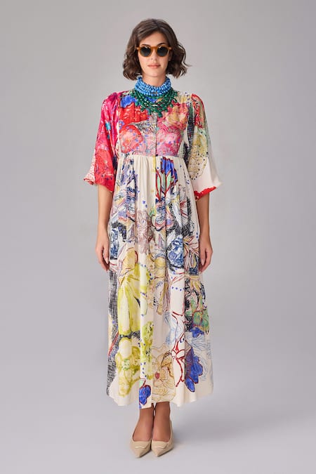 Buy Saaksha & Kinni Multi Color Silk Round Neck Abstract Floral Print Maxi Dress Online at Aza Fashions Buy_Saaksha & Kinni_Multi Color Silk Round Neck Abstract Floral Print Maxi Dress _Online_at_Aza_Fashions
