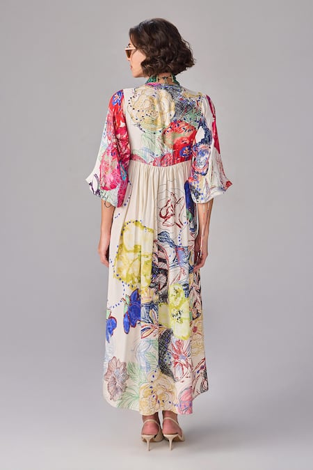 Shop Saaksha & Kinni Multi Color Silk Round Neck Abstract Floral Print Maxi Dress at Aza Fashions Shop_Saaksha & Kinni_Multi Color Silk Round Neck Abstract Floral Print Maxi Dress _at_Aza_Fashions