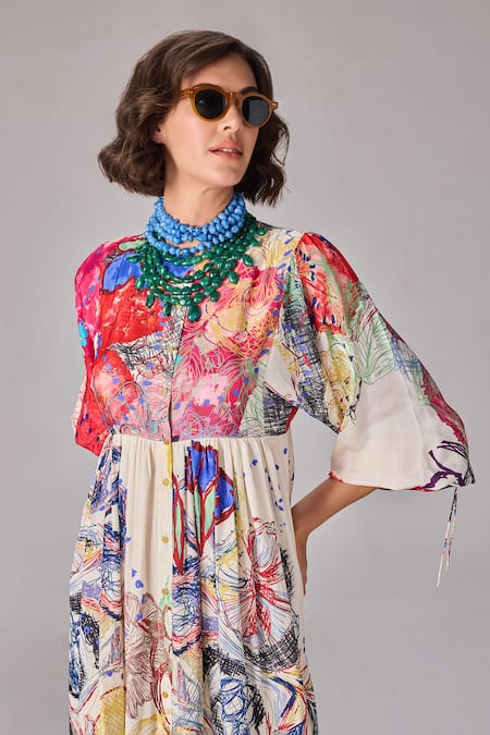 Shop Saaksha & Kinni Multi Color Silk Round Neck Abstract Floral Print Maxi Dress Online at Aza Fashions Shop_Saaksha & Kinni_Multi Color Silk Round Neck Abstract Floral Print Maxi Dress _Online_at_Aza_Fashions