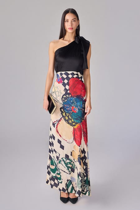 Saaksha & Kinni_Black Satin, Crepe One Shoulder Abstract Floral Maxi Dress _Online_at_Aza_Fashions