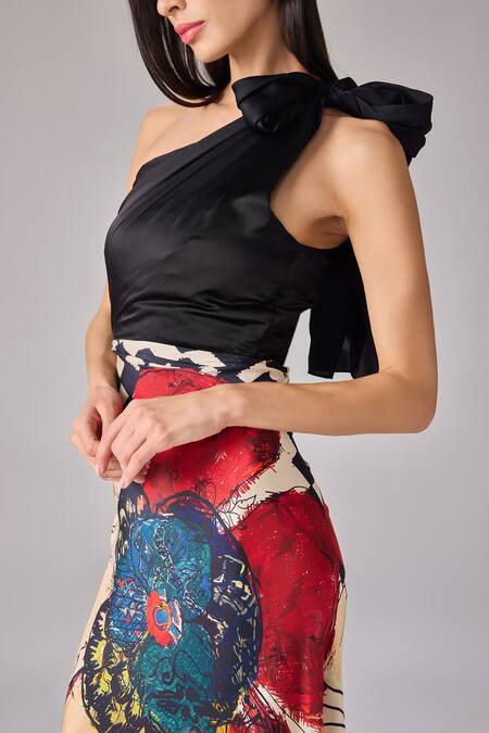 Buy_Saaksha & Kinni_Black Satin, Crepe One Shoulder Abstract Floral Maxi Dress _Online_at_Aza_Fashions