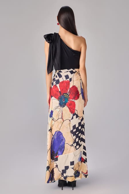 Shop_Saaksha & Kinni_Black Satin, Crepe One Shoulder Abstract Floral Maxi Dress _at_Aza_Fashions