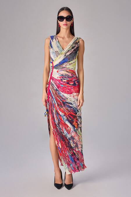 Saaksha & Kinni_Multi Color Chiffon Tassels V-neck Abstract Floral Print Maxi Dress _Online_at_Aza_Fashions