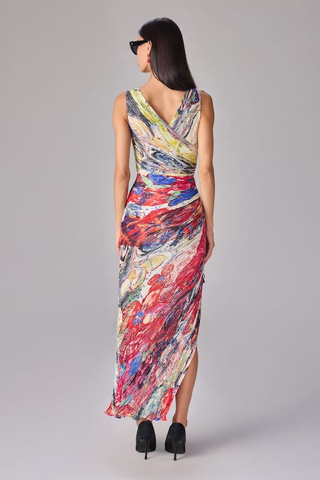 Shop_Saaksha & Kinni_Multi Color Chiffon Tassels V-neck Abstract Floral Print Maxi Dress _at_Aza_Fashions