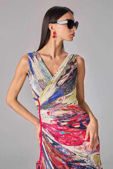 Buy_Saaksha & Kinni_Multi Color Chiffon Tassels V-neck Abstract Floral Print Maxi Dress _Online_at_Aza_Fashions