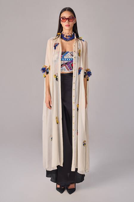 Buy Saaksha & Kinni Ivory Chiffon Shirt Cape Online at Aza Fashions Buy_Saaksha & Kinni_Ivory Chiffon Shirt Cape_Online_at_Aza_Fashions
