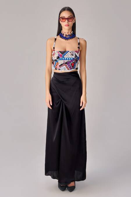 Shop Saaksha & Kinni Multi Color Satin, Cotton Tassels, Mirrors Square Hand Embroidered Bustier Online at Aza Fashions Shop_Saaksha & Kinni_Multi Color Satin, Cotton Tassels, Mirrors Square Hand Embroidered Bustier_Online_at_Aza_Fashions