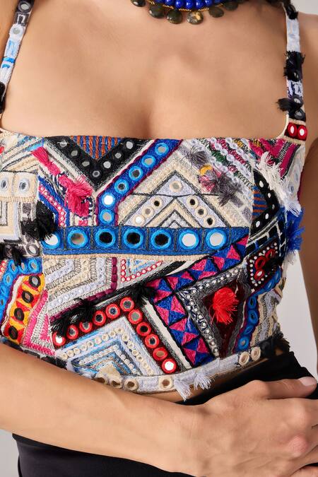 Saaksha & Kinni Multi Color Satin, Cotton Tassels, Mirrors Square Hand Embroidered Bustier at Aza Fashions Saaksha & Kinni_Multi Color Satin, Cotton Tassels, Mirrors Square Hand Embroidered Bustier_at_Aza_Fashions